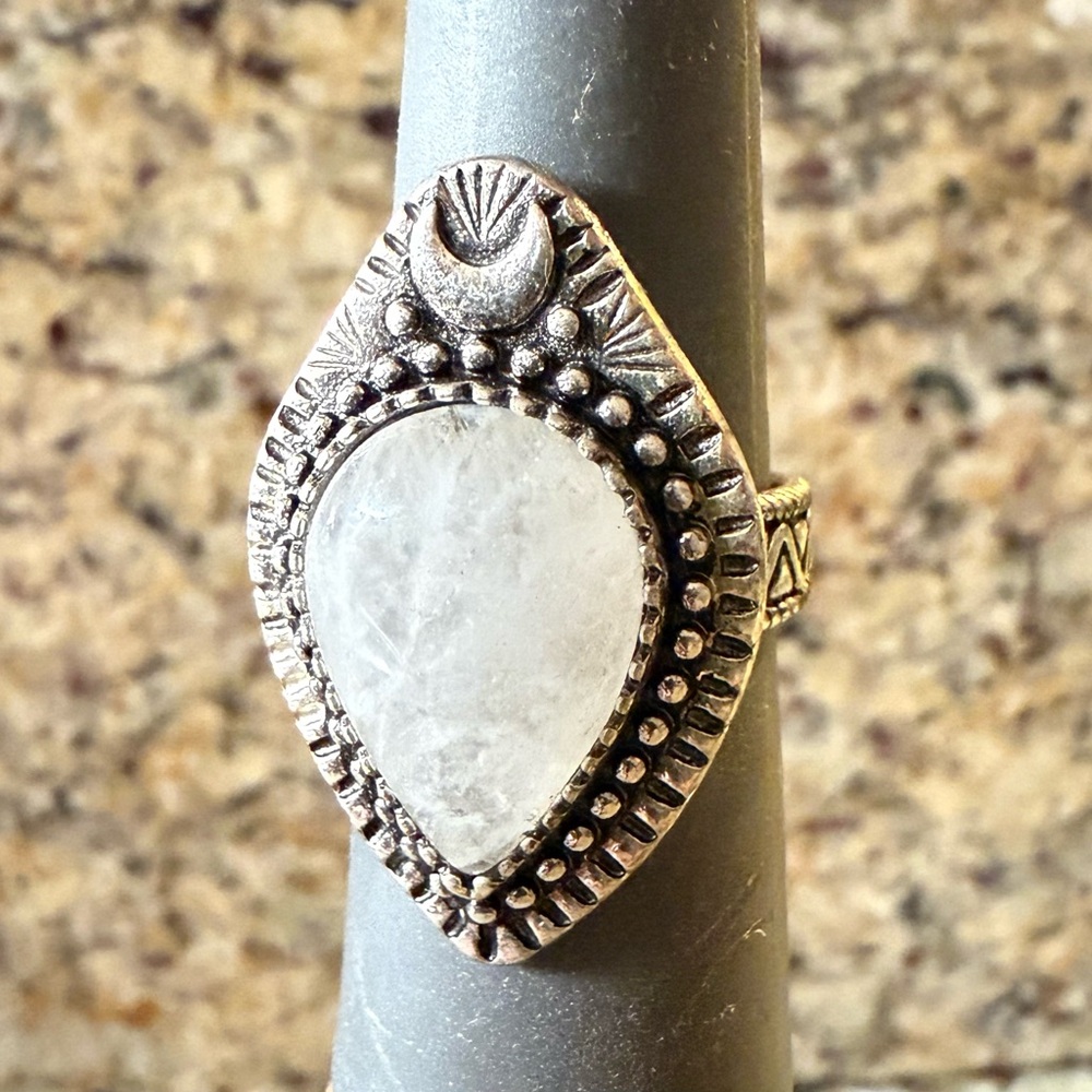 Clear Quartz Adjustable Ring Antiqued Silver Tone